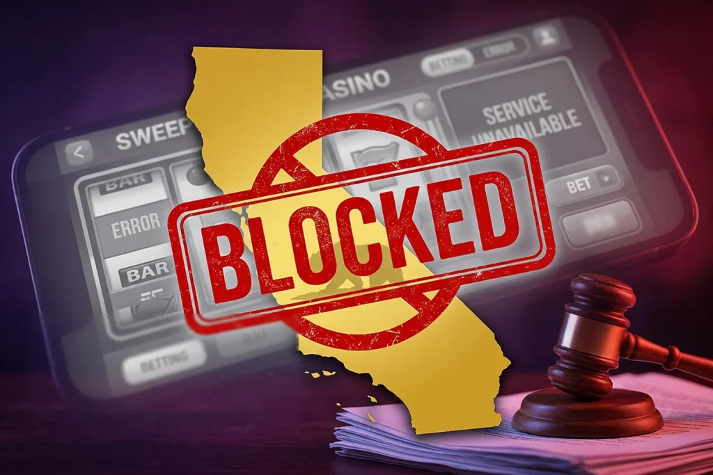 California sweepstakes casino ban AB831 with state map and blocked access symbol