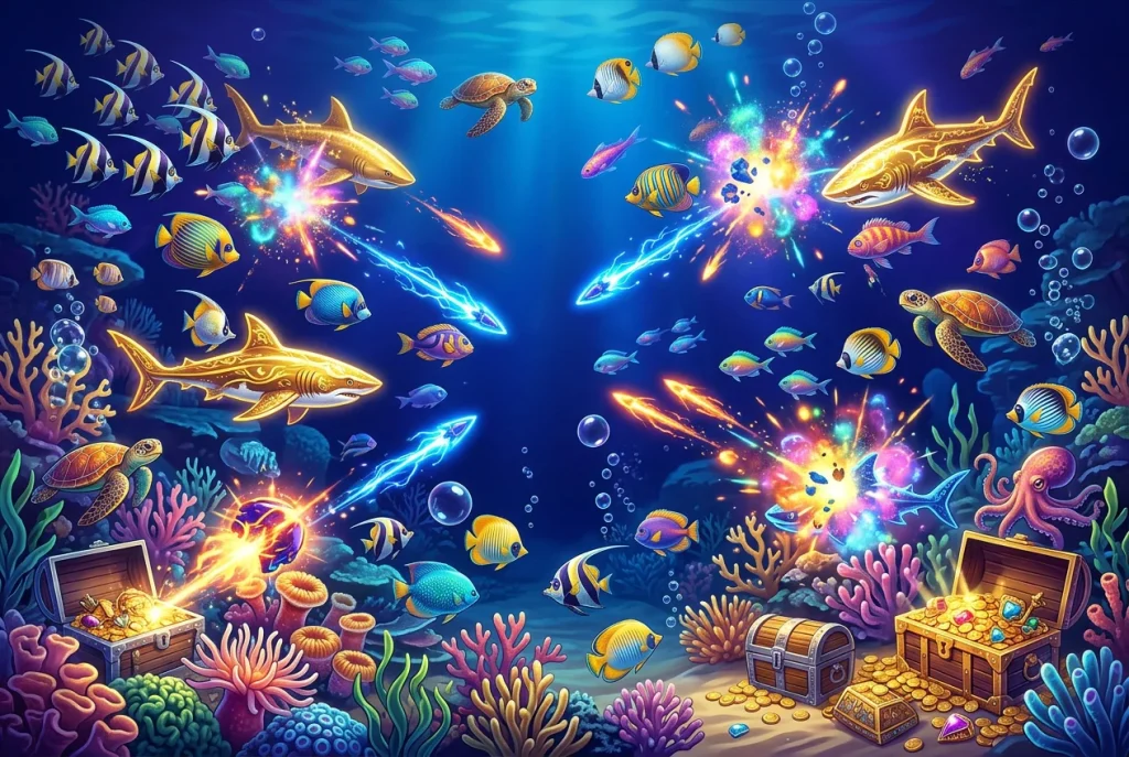 Fish games at sweepstakes casino with colorful underwater scene and shooting mechanics