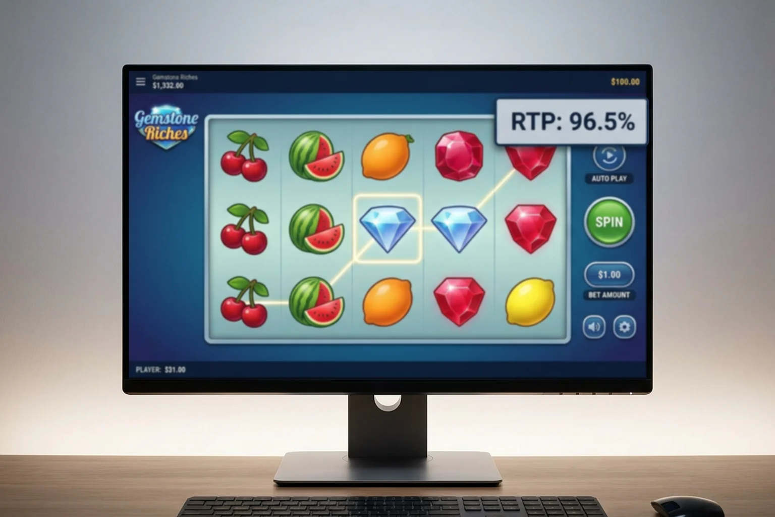 Slot machine game screen showing RTP percentage and bonus features