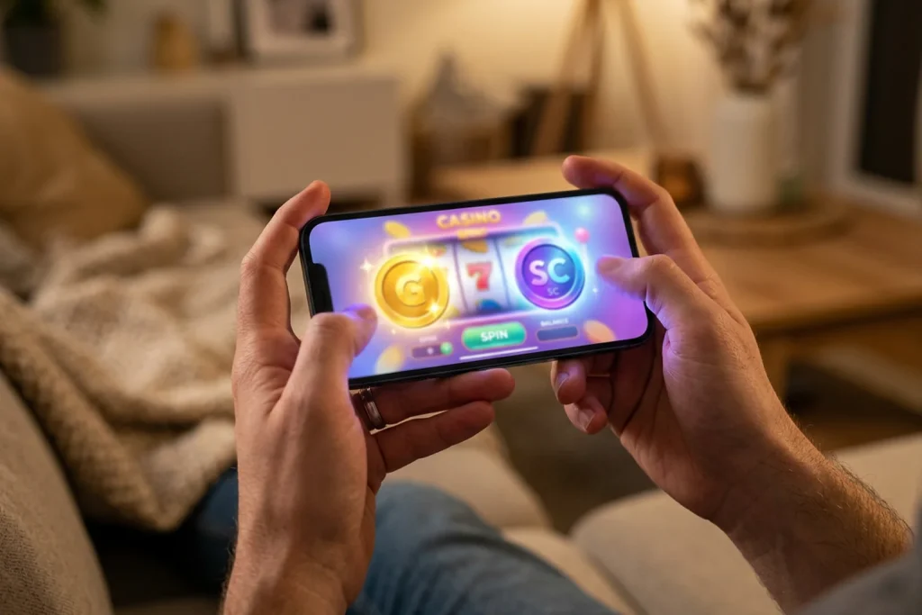 How sweepstakes casinos work: Gold Coins and Sweeps Coins on a smartphone screen