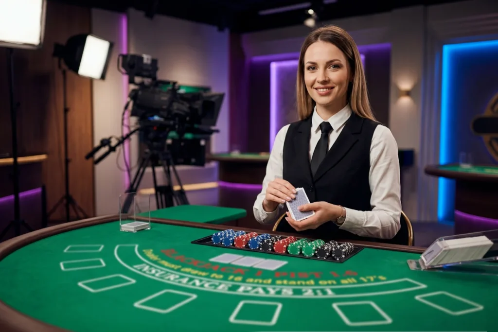 Live dealer sweepstakes casino with professional dealer at blackjack table