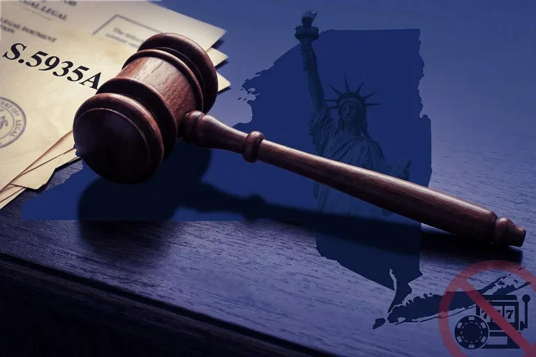 New York sweepstakes casino ban S.5935A with NY state outline and legal gavel
