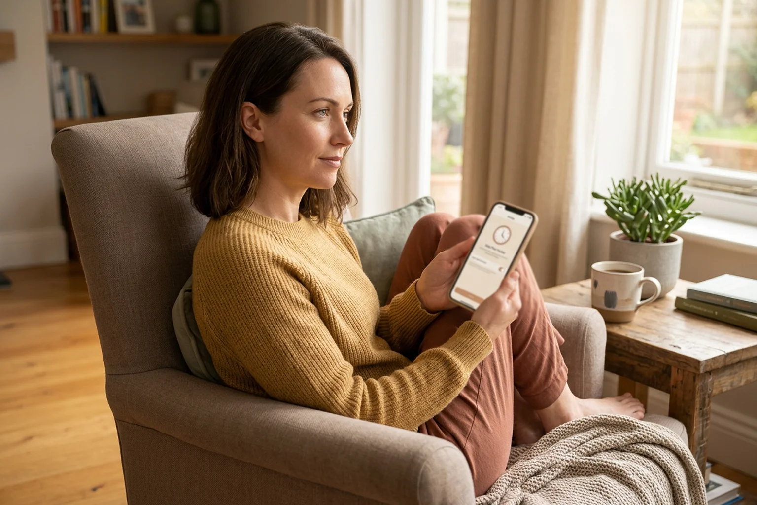 Person thoughtfully reviewing gambling activity on smartphone with time limit notification