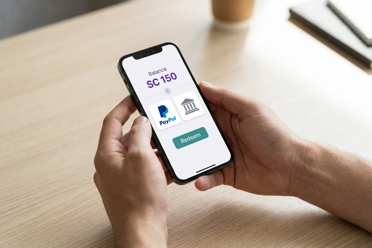 Person completing sweeps coins redemption process on mobile device