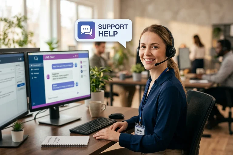 Sweepstakes casino customer support with headset and live chat interface