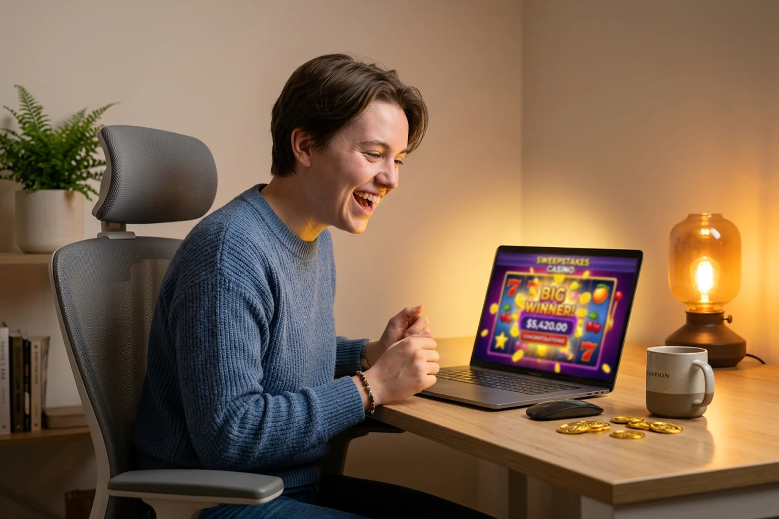 Player celebrating a sweepstakes casino win on laptop with gold coins visual effects