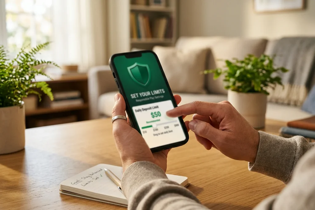 Responsible gambling at sweepstakes casinos: person setting spending limits on phone