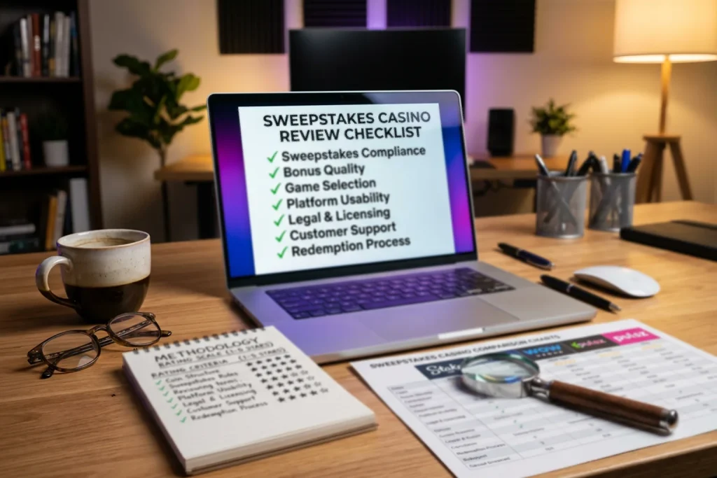 Sweepstakes casino review methodology with checklist and rating criteria