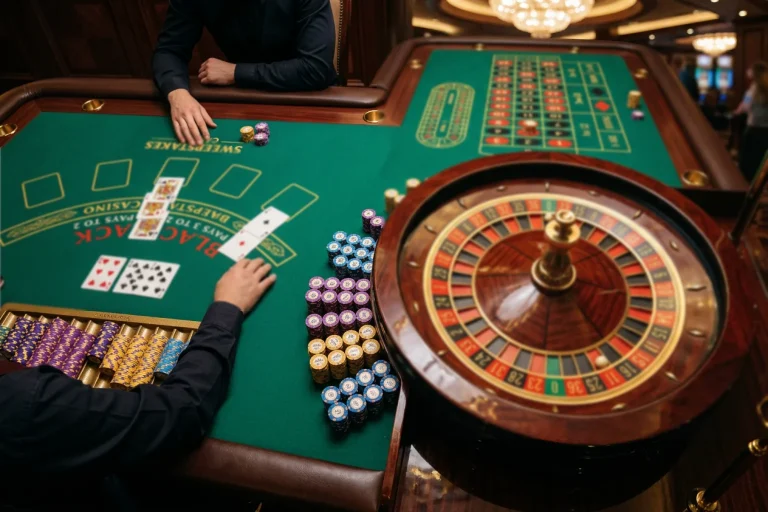 Sweepstakes casino table games featuring blackjack cards and roulette wheel