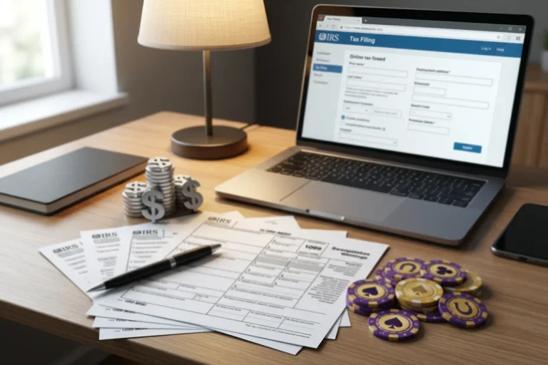 Sweepstakes casino tax reporting with IRS form 1099 and dollar sign symbol