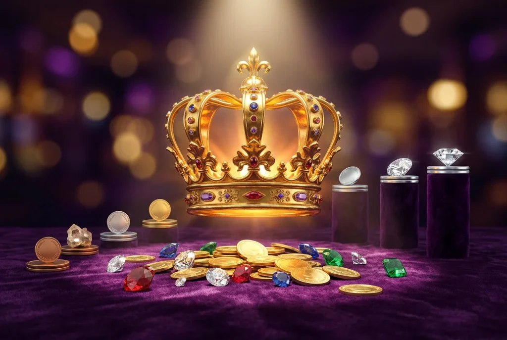 Sweepstakes casino VIP program with golden loyalty tier badge and rewards