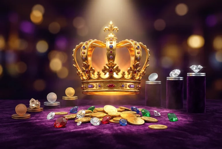 Sweepstakes casino VIP program with golden loyalty tier badge and rewards