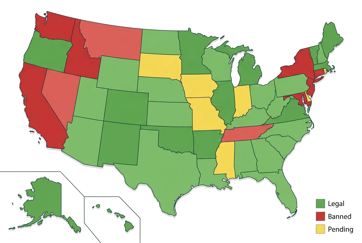Map of United States showing sweepstakes casino legal status by state
